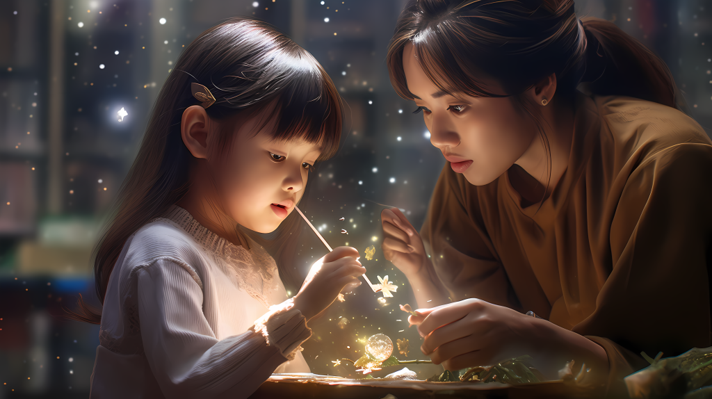 星星美术团风格的女教师与小女孩校园摄影图版权图片下载