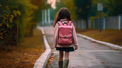 放学路上的背粉色书包的小女孩高清图