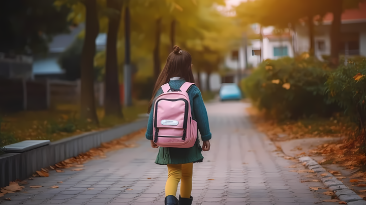 黑发少女背着书包穿亚洲校服上学高清图版权图片下载
