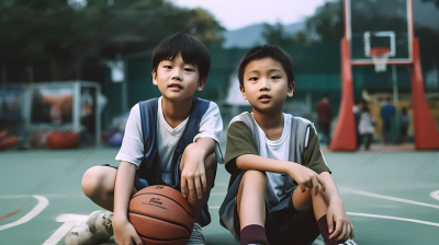 篮球场上的两个男孩持球合影高清图
