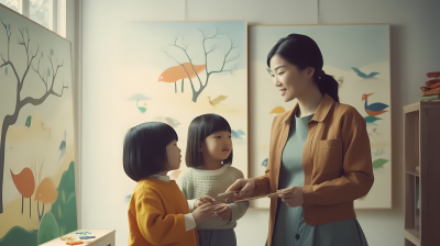 女老师在中国教两个孩子绘画高清图