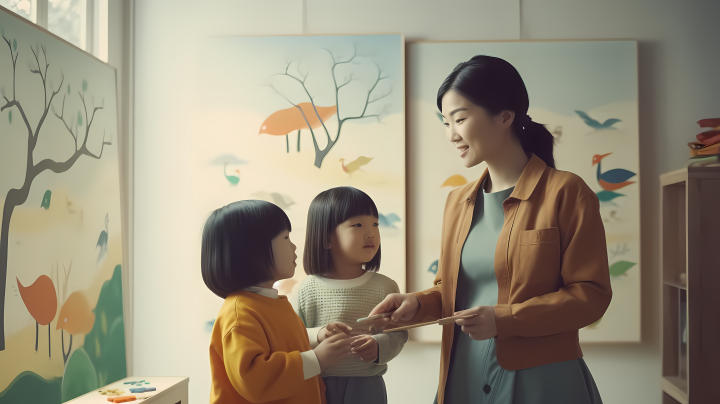 女老师在中国教两个孩子绘画高清图版权图片下载