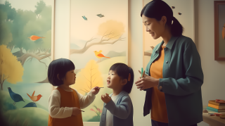 女教师在明亮教室教两个孩子画画高清图