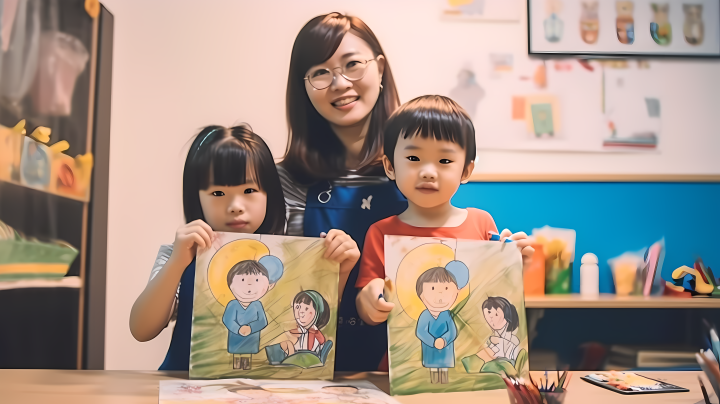 女教师与孩子们学习绘画摄影版权图片下载