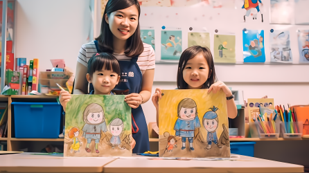 女教师教两名儿童画画摄影图