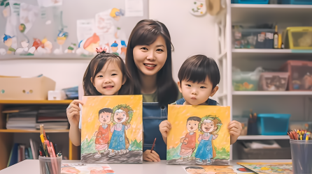 中国女教师教两名儿童绘画摄影图片