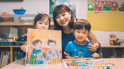 明亮教室女教师与两名学童绘画摄影图片