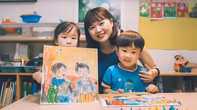 明亮教室女教师与两名学童绘画摄影图片
