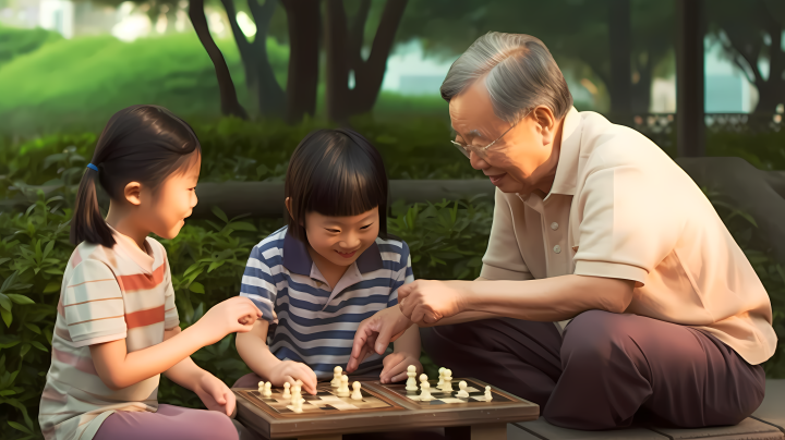 下棋场景祖孙三人家庭摄影图版权图片下载