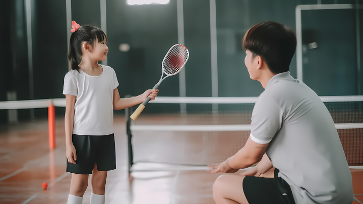 亚洲女孩和教练打羽毛球摄影版权图片下载