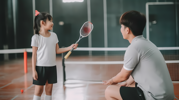 亚洲女孩和教练打羽毛球摄影图片