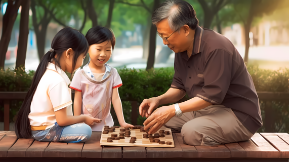中国传统黑白棋在公园的家庭摄影图片