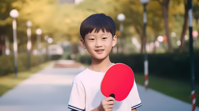 红色乒乓球拍男孩在公园微笑摄影图片