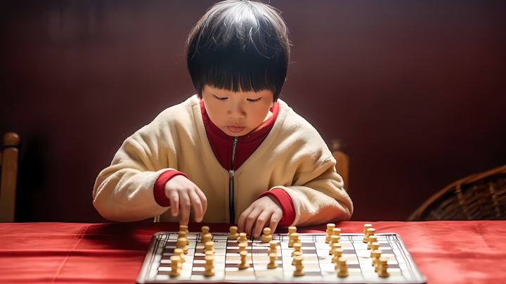 中国男孩下棋摄影图版权图片下载