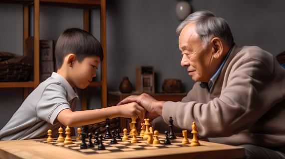 老爷爷与孙子下棋摄影图片