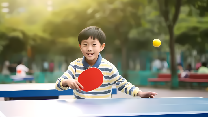小孩在公园打乒乓球微笑摄影版权图片下载