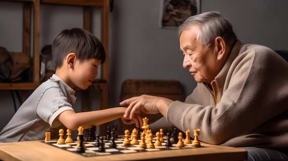 中式老人与孙子下棋摄影图片