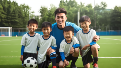 亚洲四个小男孩足球教练照片