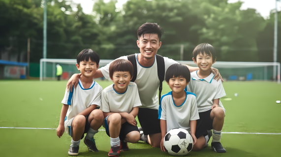 亚洲儿童足球教练与四名男孩