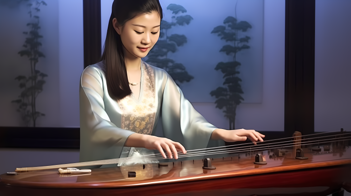 古典风阳琴演奏者摄影图版权图片下载