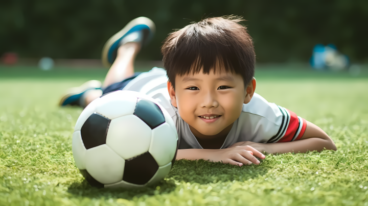 少年踢球草地摄影图版权图片下载