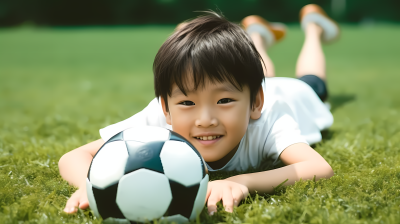 趴在草地上的中国少年踢足球摄影图