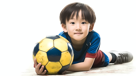 亚洲男孩趴在地上抱着足球摄影高清图