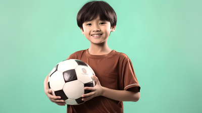 亚洲男孩踢足球微笑摄影高清图