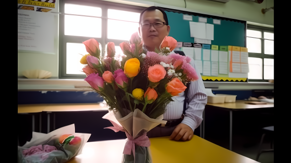 教室里收到花束的老师摄影图片