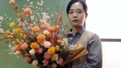 亚洲教师课堂收到鲜花摄影图片