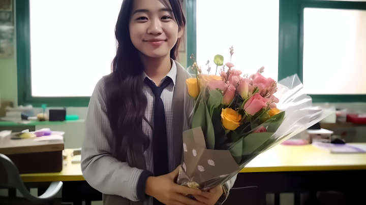 教师节收到鲜花花束的老师高清图版权图片下载
