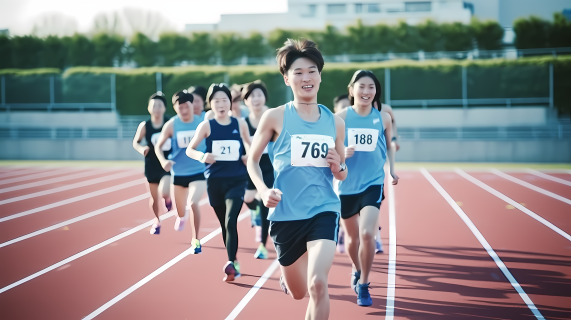 年轻亚洲田径运动员在赛道上奔跑