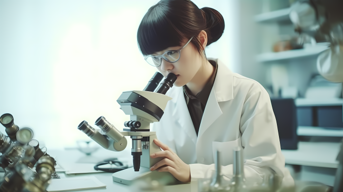 女科学家在显微镜实验摄影图