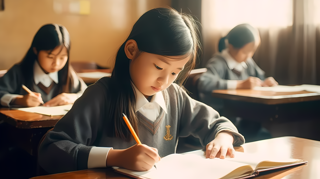 小学学生考试答题摄影图