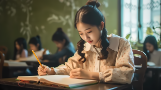 亚洲学生正在考试摄影图