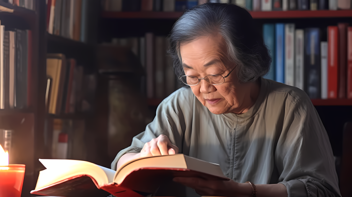 华裔老人在图书馆看书高清图版权图片下载