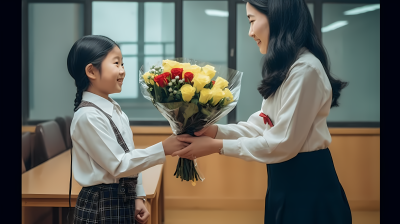 教室里小女孩送花给老师高清图
