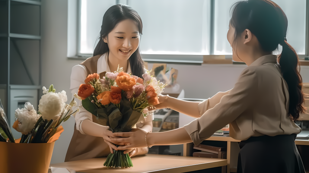 大学生送花给老师感恩老师高清图版权图片下载