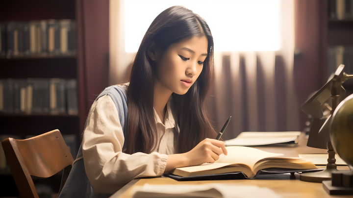 长发女学生在桌前自习高清图版权图片下载