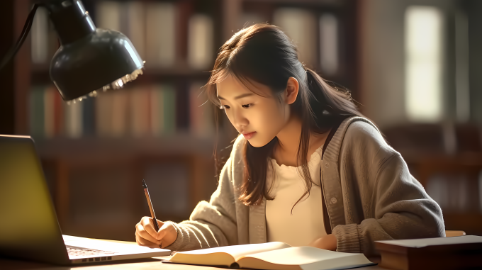 在图书馆认真学习的女学生高清图