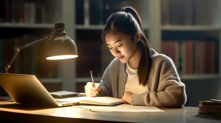 晚上在自习室开着灯学习的女生高清图