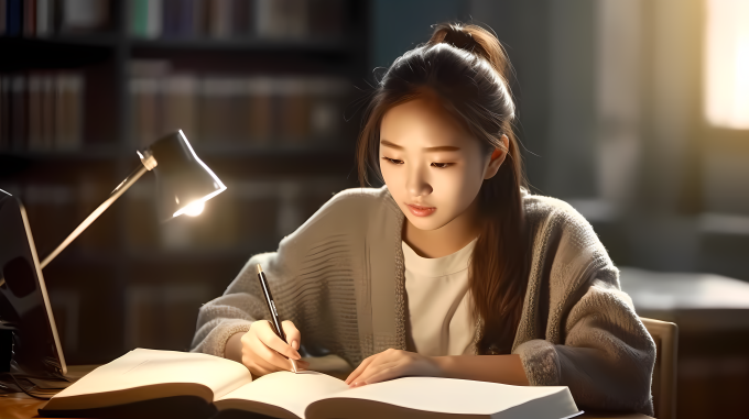 台灯下学生桌前期末复习摄影图片