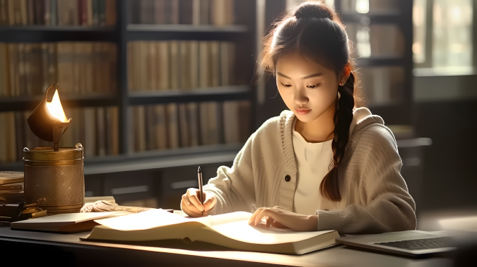 麻花辫学生写字台上学习摄影图片