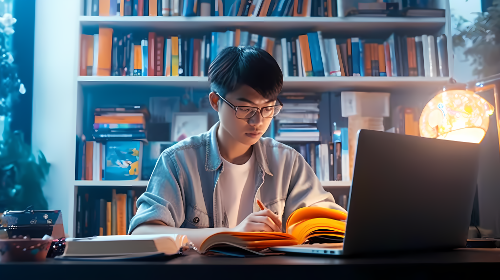 学生电脑前灯光下自习的摄影版权图片下载