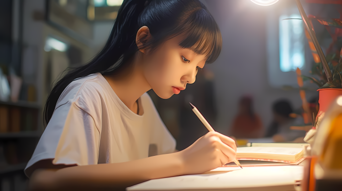 留学生灯光下学习摄影图片