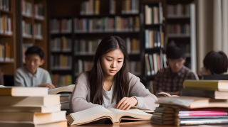 图书馆美女学霸认真学习摄影图片