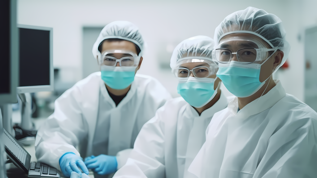 药物研发实验室科学家穿戴防护眼镜口罩摄影图