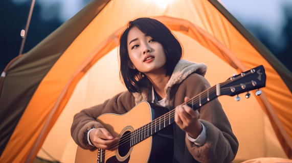 女孩露营帐篷弹吉他摄影图片