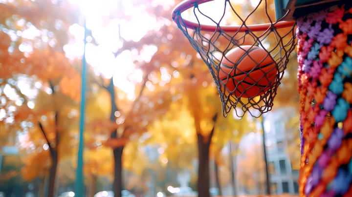 秋日阳光下的篮球场高清图版权图片下载