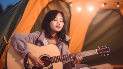 亚洲女孩帐篷前弹吉他摄影图
